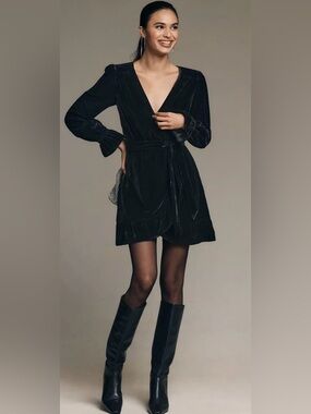 PAIGE Black Velvet Wrap Mini Dress